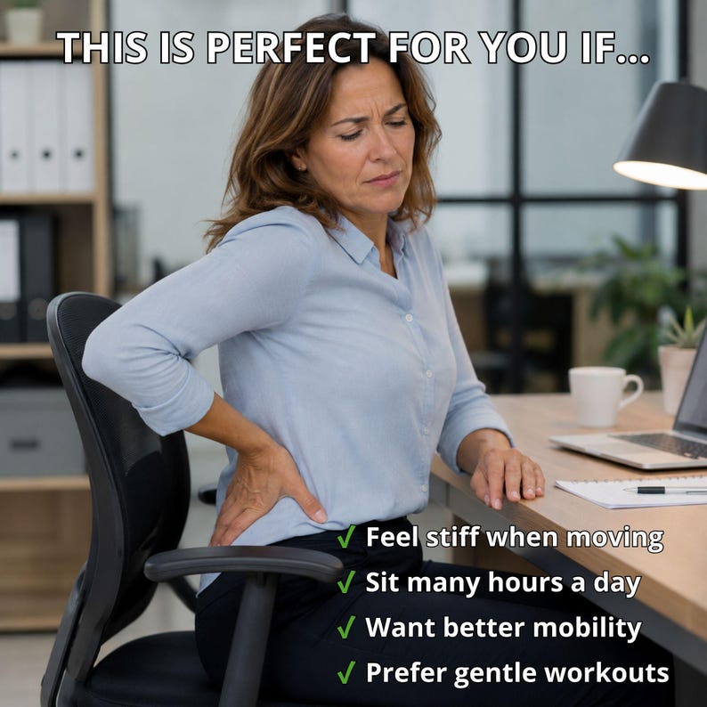 May include: A woman sitting at a desk, holding her lower back in pain. Text at the top reads "THIS IS PERFECT FOR YOU IF...". Below are check-marked bullet points: "Feel stiff when moving", "Sit many hours a day", "Want better mobility", and "Prefer gentle workouts".
