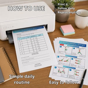 May include: A white printer printing a "Weekly Hip Mobility Progress Tracker" sheet. Additional sheets with exercise diagrams are visible. Text includes "How to Use", "Print it", "Follow daily", "Repeat anytime", "Simple daily routine", and "Easy to follow".