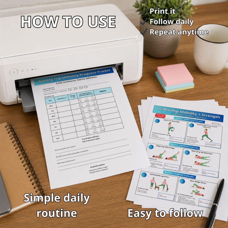 May include: A white printer printing a "Weekly Hip Mobility Progress Tracker" sheet. Additional sheets with exercise diagrams are visible. Text includes "How to Use", "Print it", "Follow daily", "Repeat anytime", "Simple daily routine", and "Easy to follow".