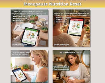 Pacote de Nutrição para Menopausa | O que comer após os 45 | Gordura abdominal, inchaço, energia e açúcar no sangue | Equilíbrio hormonal (PDF) | Download digital