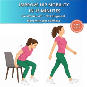 May include: An illustration showing two women performing exercises. The text reads "Improve Hip Mobility in 15 Minutes". One woman is shown squatting near a chair, and the other is walking. The image includes the text "For Women 45+ &bull; No Equipment".