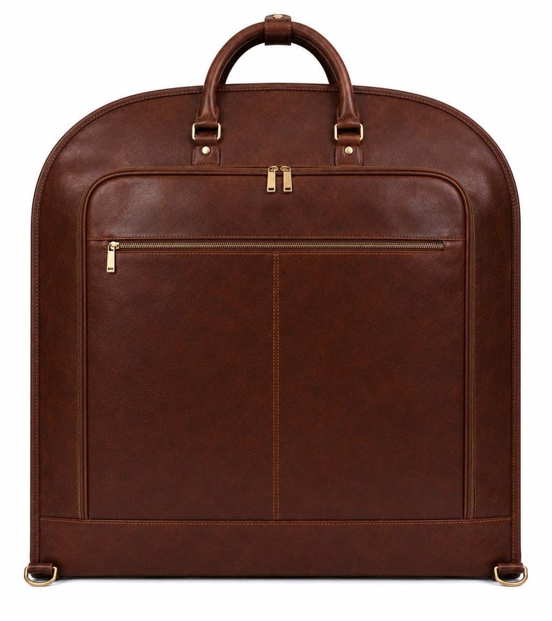 K&ouml;nnte beinhalten: Ein dunkelbrauner Kleidersack mit abgerundeter Oberseite, ausgestattet mit goldfarbenen Metallrei&szlig;verschl&uuml;ssen, einem Tragegriff und einer gro&szlig;en rechteckigen Vordertasche. Die Tasche hat eine glatte Oberfl&auml;che mit sichtbaren N&auml;hten.