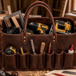 Könnte beinhalten: Eine dunkelbraune Werkzeugtasche aus Leder mit zwei stabilen Griffen, verstärkten Messingnieten und mehreren Außentaschen. Die Tasche ist mit verschiedenen Werkzeugen gefüllt, darunter ein gelber Akkuschrauber, eine Stichsäge und ein Winkel.