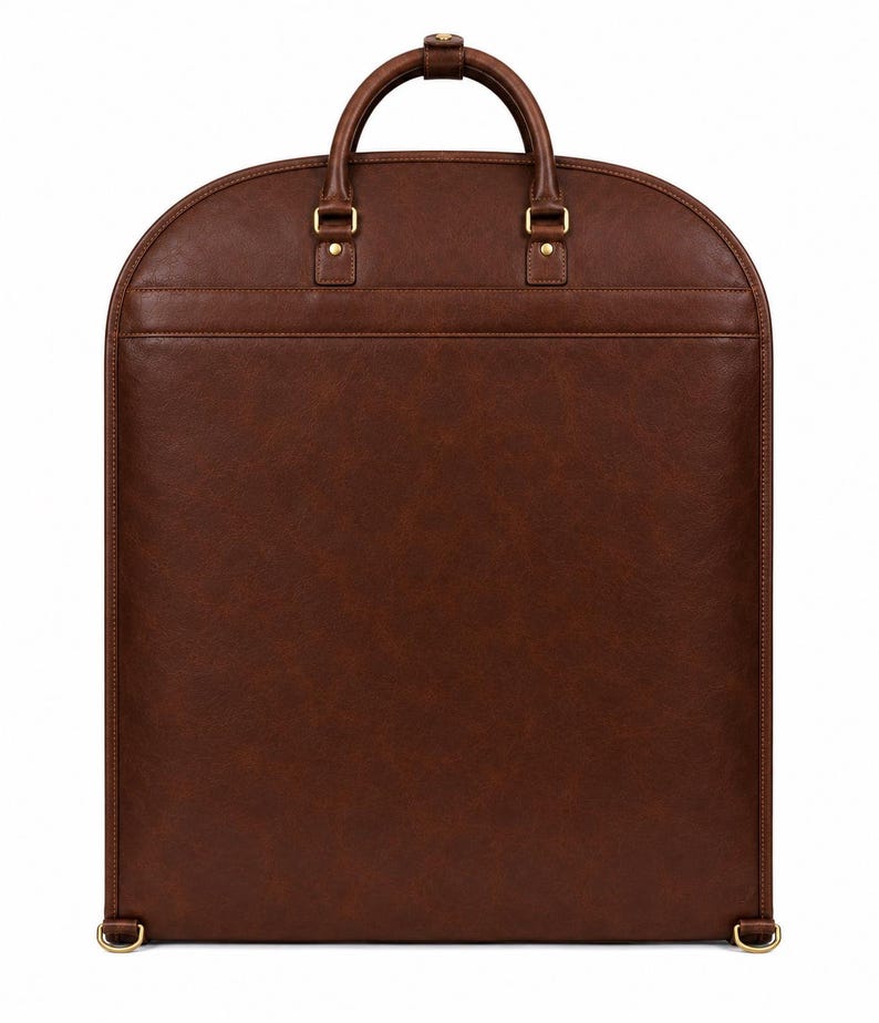 K&ouml;nnte beinhalten: Eine dunkelbraune Kleiderschutzh&uuml;lle mit abgerundeter Oberseite, ausgestattet mit einem einzelnen Tragegriff und goldfarbenen Metallbeschl&auml;gen. Die Tasche hat eine glatte, gleichm&auml;&szlig;ige Textur mit Ziern&auml;hten an den Kanten und zwei D-Ringen.