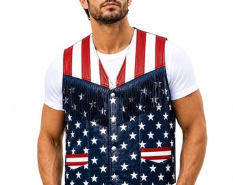 Amerikansk flagga läderbikerväst, patriotisk ärmlös USA-jacka, outfit för självständighetsdagen