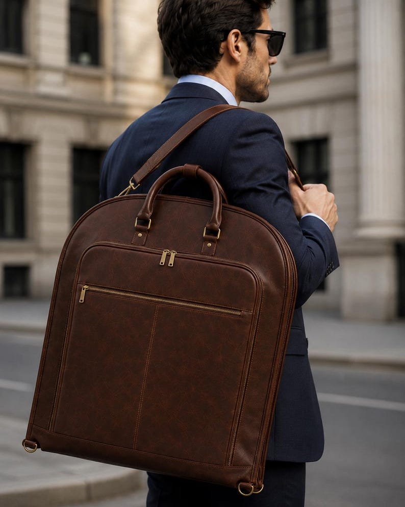 K&ouml;nnte beinhalten: Eine dunkelbraune Kleidersacktasche mit glatter Oberfl&auml;che, ausgestattet mit einem Tragegriff, einem langen verstellbaren Schulterriemen und einer gro&szlig;en rechteckigen Vordertasche mit goldfarbenen Metallrei&szlig;verschl&uuml;ssen. Die Tasche hat eine abgerundete Oberkante.