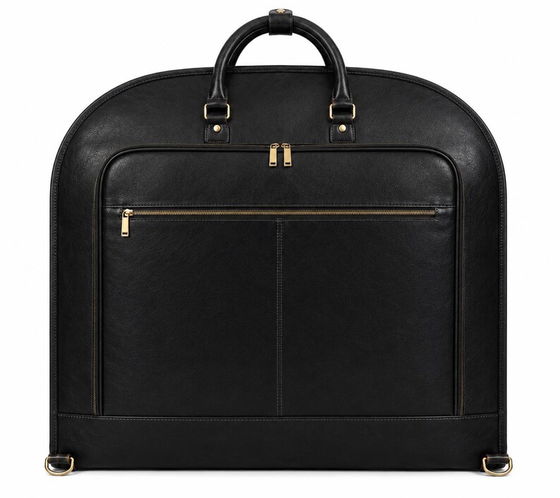 K&ouml;nnte beinhalten: Eine schwarze Kleidersacktasche mit abgerundeter Oberseite, ausgestattet mit goldfarbenen Metallrei&szlig;verschl&uuml;ssen und Beschl&auml;gen. Die Tasche verf&uuml;gt &uuml;ber einen oberen Tragegriff, eine gro&szlig;e Fronttasche mit Rei&szlig;verschluss und zwei untere D-Ringe.
