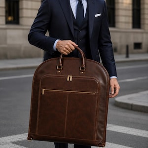 K&ouml;nnte beinhalten: Eine dunkelbraune Kleiderh&uuml;lle aus Leder mit abgerundeter Oberseite, zwei stabilen Griffen und einer gro&szlig;en Vordertasche mit goldfarbenen Metallrei&szlig;verschl&uuml;ssen. Die Tasche verf&uuml;gt &uuml;ber verst&auml;rkte N&auml;hte, Metallbeschl&auml;ge und eine glatte Oberfl&auml;che.