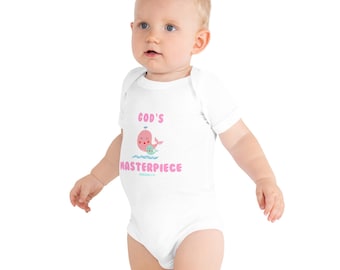 God's Masterpiece Baby Onesie | Pink Whale Christian Bodysuit | Baby Girl Gift | New Mom Gift | Hemmed by the Word