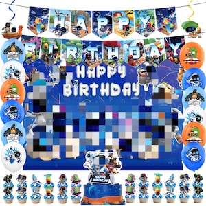 May include: A birthday party decoration set featuring a banner that reads "HAPPY BIRTHDAY" with character illustrations. Includes balloons, cupcakes, and a cake with a topper. The color scheme is blue, orange, and white.