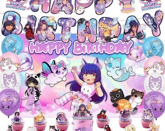 Set de decoración para fiesta de cumpleaños de chica anime kawaii con temática de unicornio y gato, pancarta, globos, adorno para pastel, fondo y kit para cupcakes.