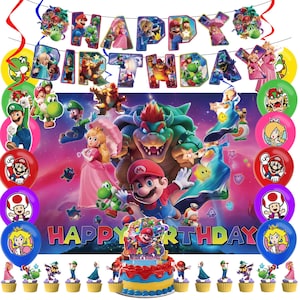 Könnte beinhalten: Ein farbenfrohes Geburtstags-Set mit Charakteren aus einem beliebten Videospiel. Das Set enthält ein Banner mit der Aufschrift "Happy Birthday", Luftballons, eine Torte und Cupcake-Topper. Das Farbschema ist lebendig, mit Rot, Blau, Gelb und Grün.