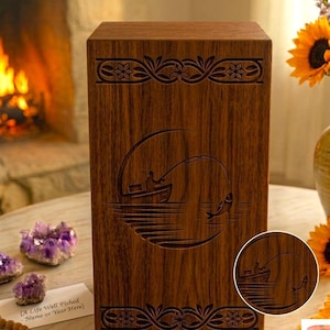 May include: A wooden urn with the text "The Fisher's Haven Urn". The urn is brown with a fishing scene carved on the front. The text "Solid Walnut Wood" and other details are also visible.
