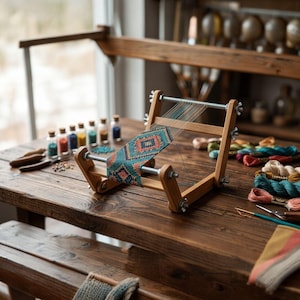 May include: A wooden bead loom with a partially completed beaded project in teal, orange, and blue geometric patterns. Various colours of beads in small glass bottles and spools of thread are arranged on a rustic wooden table, suggesting a craft or jewellery-making theme.