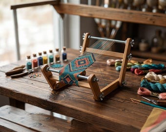 May include: A wooden bead loom with a partially completed beaded project in teal, orange, and blue geometric patterns. Various colours of beads in small glass bottles and spools of thread are arranged on a rustic wooden table, suggesting a craft or jewellery-making theme.