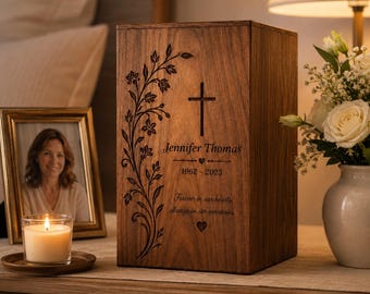 Personalized Wooden Cremation Urn, Engraved Floral Cross Memorial Box