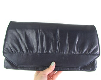 Vintage Leather Purse Navy Blue - Shoulder Bag Large Clutch