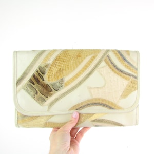 Vintage Leather Snakeskin Patchwork Purse Shoulder Bag - Neutral Cream and Brown by Varon