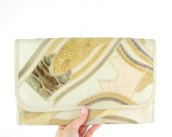 Vintage Leather Snakeskin Patchwork Purse Shoulder Bag - Neutral Cream and Brown by Varon
