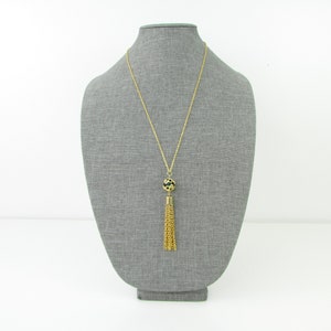 Vintage Boho Tassel Necklace - Long Layering Chain - Gold and Emerald Green Fringe Pendant