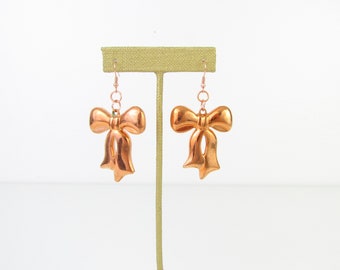 Vintage Large Bow Earrings - Rose Gold Copper Dangle Earrings - Statement Party Jewelry