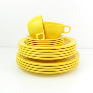 Vintage Melamine Melmac Dishes Yellow Canary Set 15 Pieces - Plates Cups Saucers Dinnerware - Camping Cottage