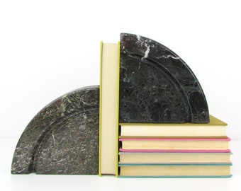 Vintage Marble Bookends - Arch Black and White Art Deco Book Ends - Modern Half Circle Geometric Decor