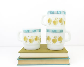 Fire King Mug Set 3 - Vintage Fireking Milk Glass MCM Mugs Atomic Leaf