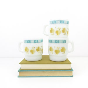 Fire King Mug Set 3 - Vintage Fireking Milk Glass MCM Mugs Atomic Leaf