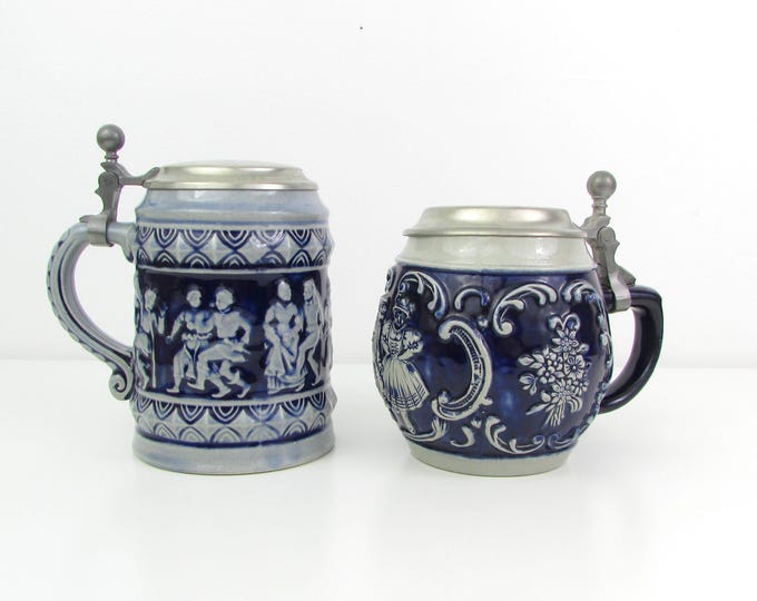 Vintage German Beer Stein – Cobalt Blue Pottery Mug with Pewter Lid