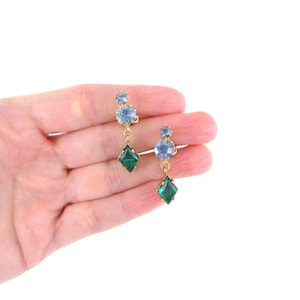 Vintage Victorian Regency Style Clip On Earrings - Bridgerton Inspired Jewelry in Blue and Emerald Green Crystals