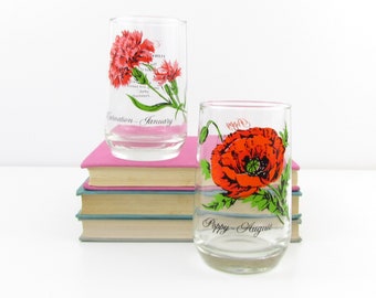 Brockway Birthday Flower Month Drinking Glasses  August January - Vintage Floral Tumbler Poppy Carnation