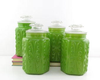 Vintage Federal Glass Big Show Off Canisters in Green - Scroll Jars Containers