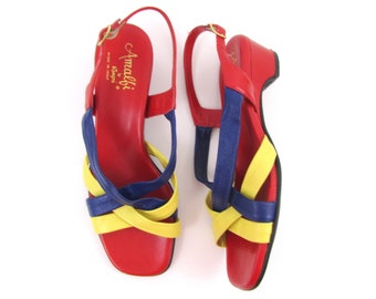 Vintage Womens Colorful Leather Sandals w/ Heel Size 8 US or 40 Euro - Strappy Slingbacks in Red Yellow Blue