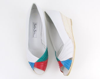 Vintage Leather Peep Toe Wedge Heels Size 9 - Women's White Espadrilles Colorful