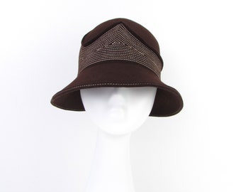 Vintage Cloche Hat Felt Wool in Brown by Designer Anita Pineault Milliner