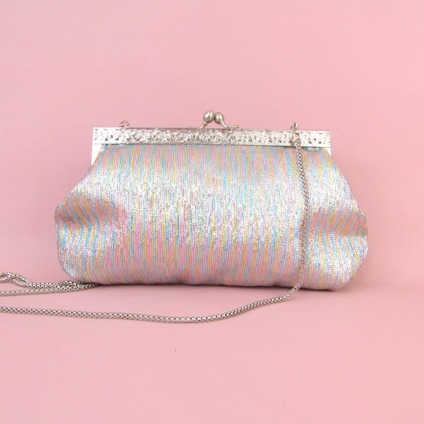 Vintage Metallic Silver Disco Purse - Evening Shoulder Bag  w/ Pastel Rainbow Stripes