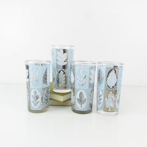 Libbey Blue and Silver Leaf Tumblers set of 4 - Vintage MCM Highball Glasses