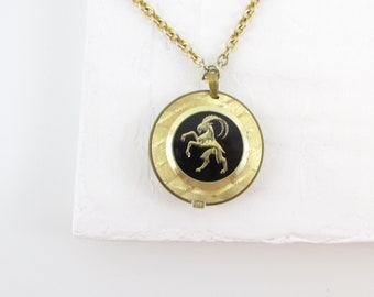 Vintage Aries Ram Watch Necklace Wind Up in Gold and Black Enamel - Algol Mechanical Pendant Watch Necklace