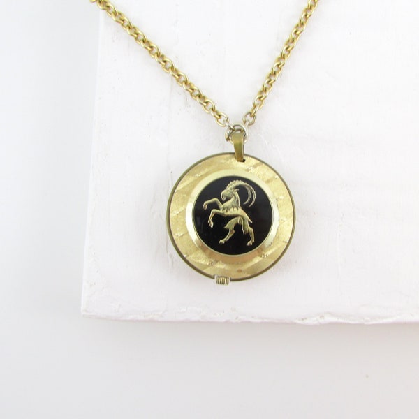 Vintage Aries Ram Watch Necklace Wind Up in Gold and Black Enamel - Algol Mechanical Pendant Watch Necklace