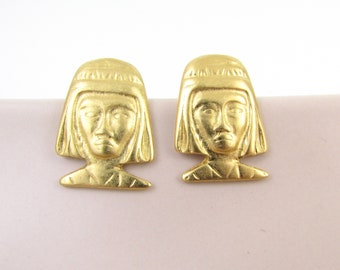 Vintage Gold Face Earrings - Aztec Figural Stud Post Earrings -