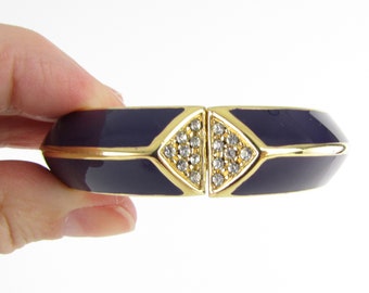 Art Deco Enamel and Pave Bracelet- Vintage 1970 Navy Gold Hinged Bangle