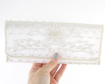 Vintage Beaded Clutch Bag - White Wedding Purse - Evening Handbag