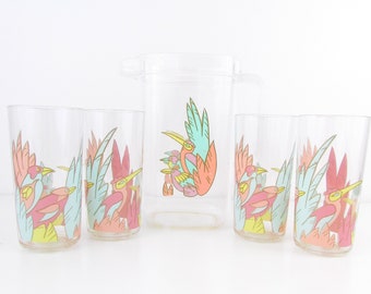 Vintage Acrylic Tumblers and Pitcher Set Tropical Birds - Outdoor Plastic Glasses and Jug