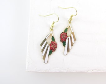 Pendientes colgantes vintage con diseño floral cloisonné (liquidación) - Joyería de esmalte de los años 80