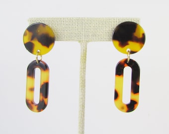 Tortoise Shell Link Earrings - Acrylic Dangle Drop Earrings - Geometric Minimal Jewelry