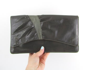 Leather Purse - Vintage Shoulder Bag in Gray w/ Ruching Snakeskin - Ruched Bag