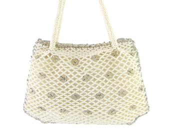 Vintage Beaded White Purse - Evening Bag Handbag Wedding Purse