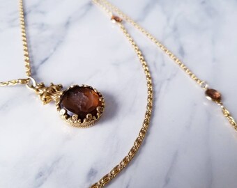 bronze tone frame setting bronzegold tone metal OUTSTANDING Vintage PINK Camphor Glass Pink Rhinestone Pendant Necklace snake chain