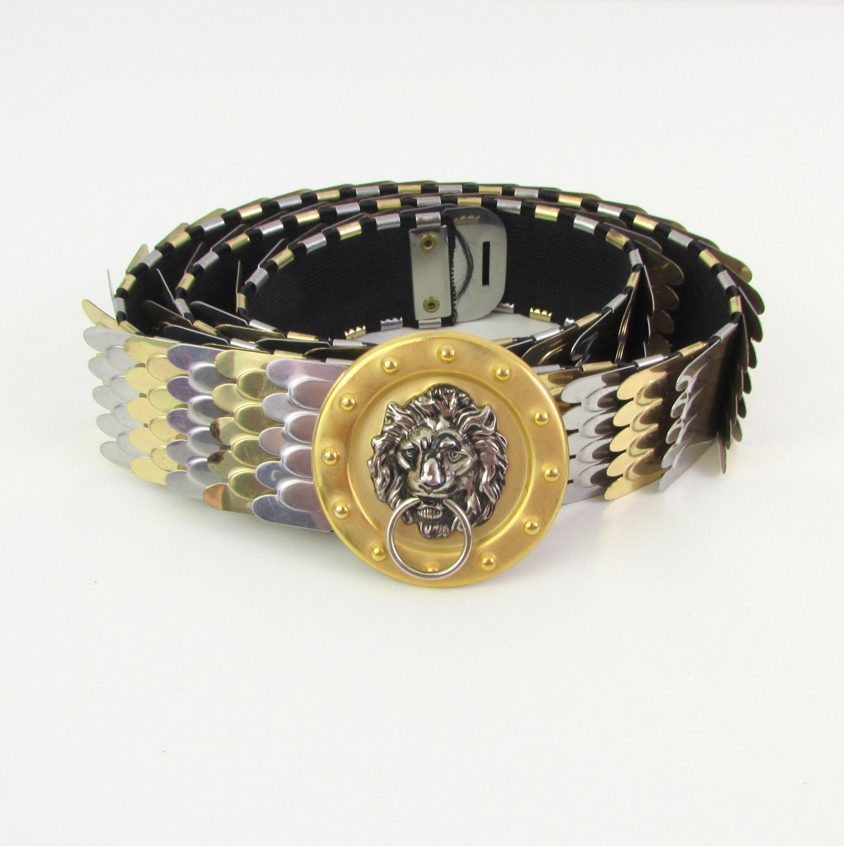 Vintage Lion Gold Metal Stretch Belt in Medium Large - Fish 